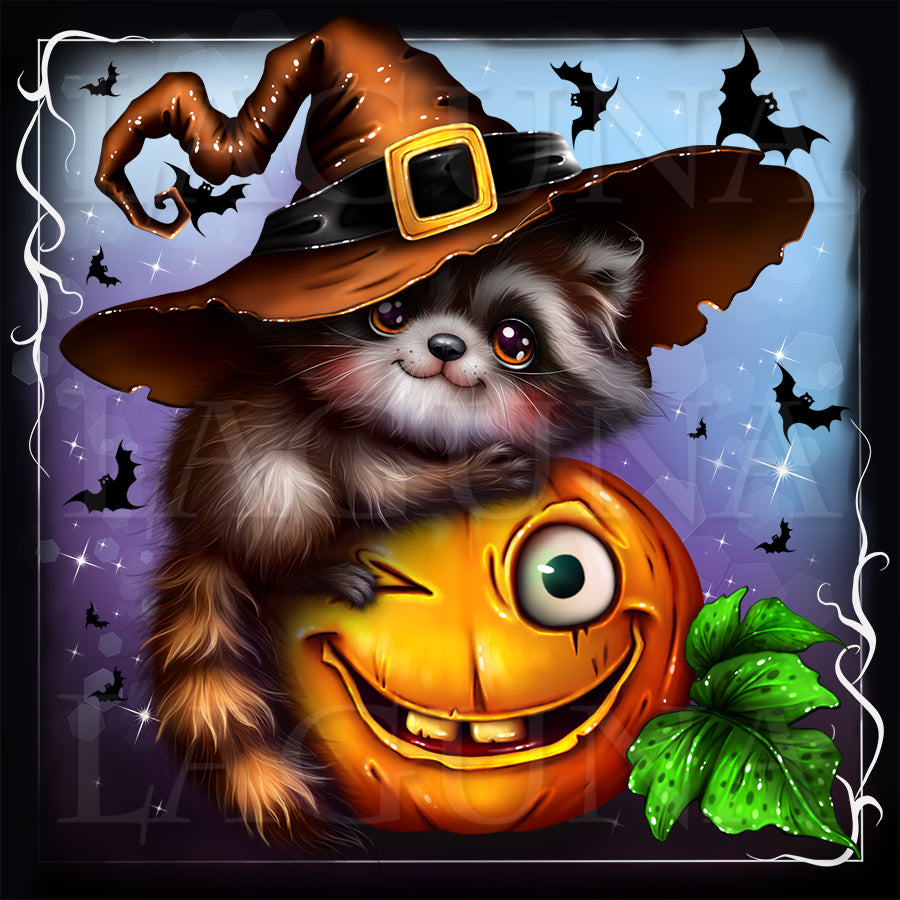 A stylized illustration of a raccoon, wearing a large brown hat sitting on a smiling pumpkin against a purple Halloween background with bats and stars.