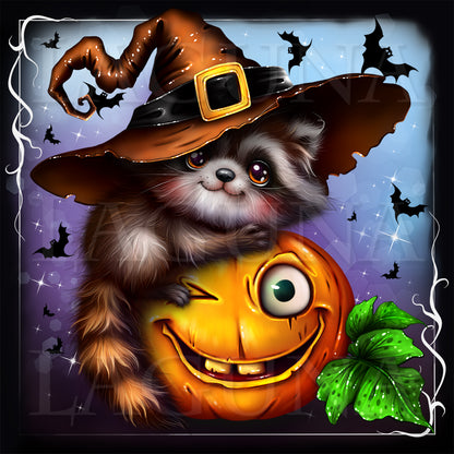 A stylized illustration of a raccoon, wearing a large brown hat sitting on a smiling pumpkin against a purple Halloween background with bats and stars.