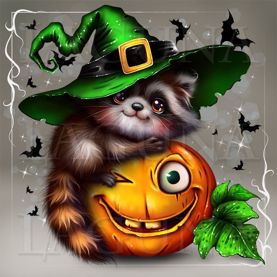 A cute cartoon raccoon wearing a bright green witch hat with a gold buckle, hugging a carved orange pumpkin with a single large eye. Black bats and sparkles decorate a gray background, with a decorative white border around the artwork.