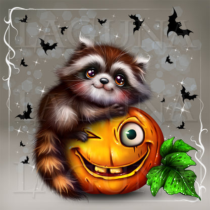 A stylized illustration of a raccoon sitting on a carved orange pumpkin with a green leaf, set against a gray Halloween background with black bats and white decorative corner flourishes.