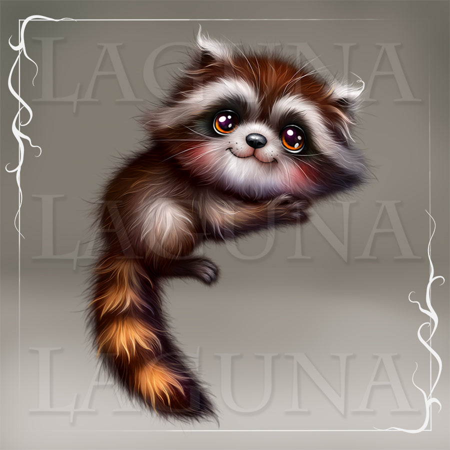A stylized digital illustration clipart of a cute raccoon with large expressive eyes, brown and white fur, and an orange-tipped tail.