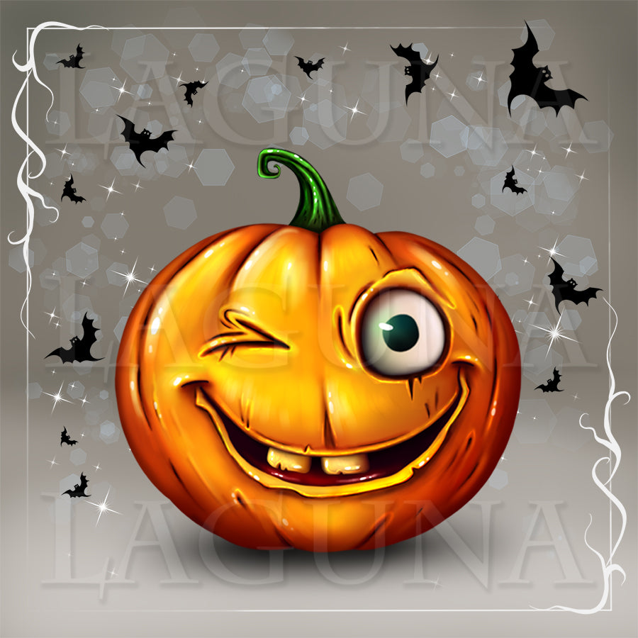 A cartoon-style orange jack-o'-lantern pumpkin with a green stem, one winking eye, and a wide toothy grin, centered on a gray background with black bats, white sparkles, and a decorative white border.