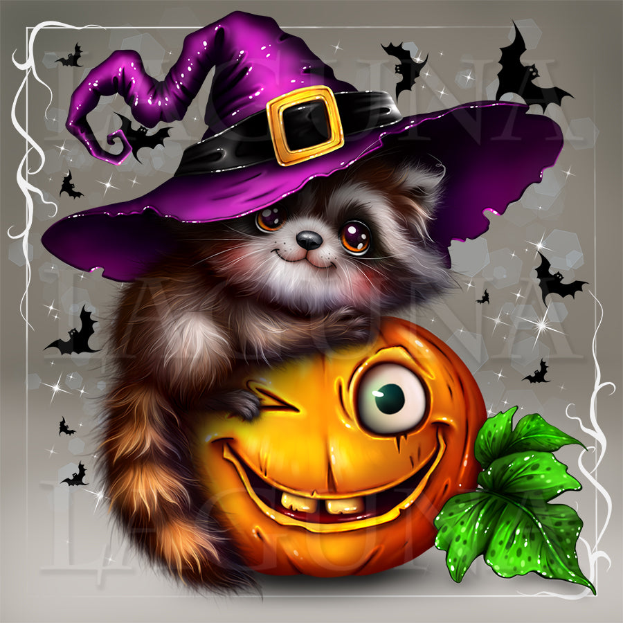 A cartoon raccoon wearing a shiny purple witch hat with a gold buckle, hugging a carved orange pumpkin with a large eye and a green leaf, set against a gray background with black bats and white sparkles.