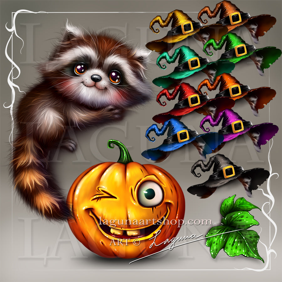 A digital graphic clipart featuring a cute cartoon raccoon next to a winking orange jack-o'-lantern pumpkin, with multiple colorful witch hats and green leaves on a gray background. 