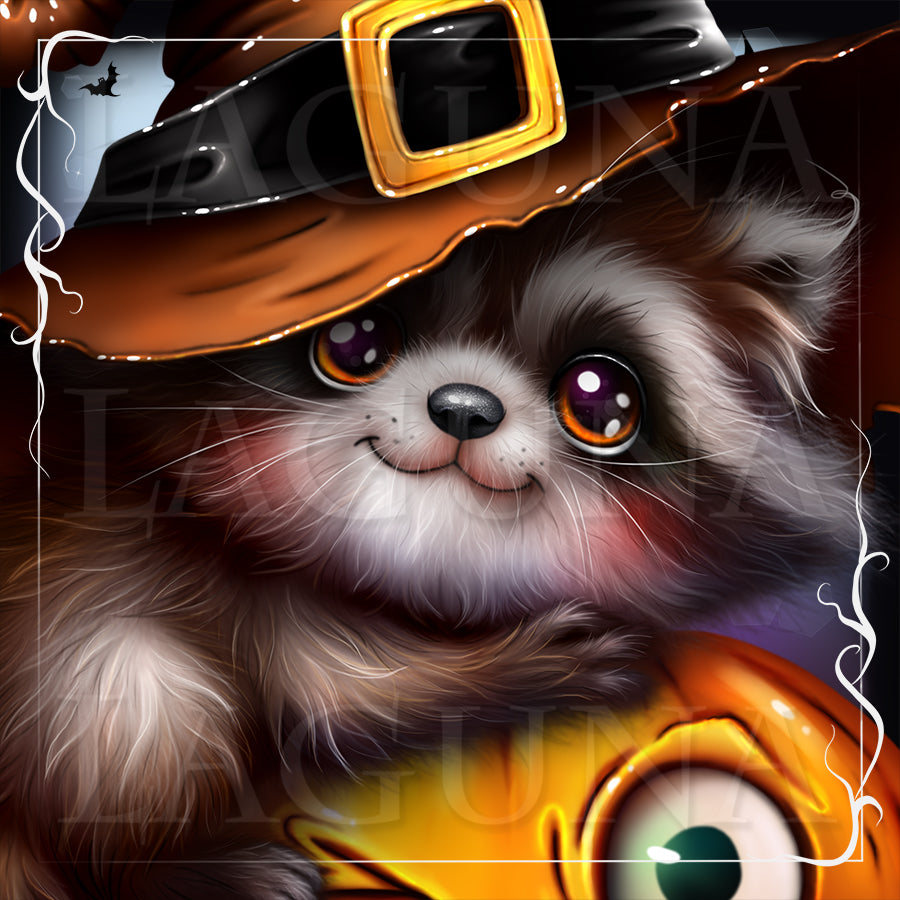 A stylized digital illustration of a raccoon wearing a witch hat and holding a pumpkin.