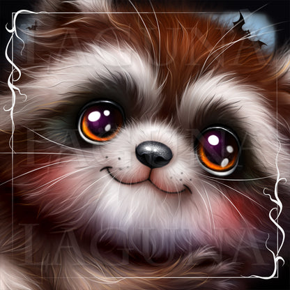 A close-up digital illustration of a fluffy brown and white raccoon with large expressive eyes, framed by a decorative white border.