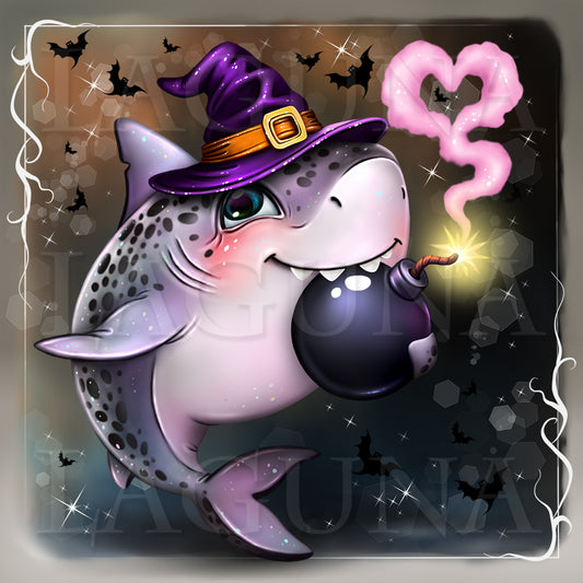 A stylized cartoon shark wearing a purple witch hat and holding a lit black bomb, with pink smoke forming a heart shape. The background is dark with black bats and sparkles.