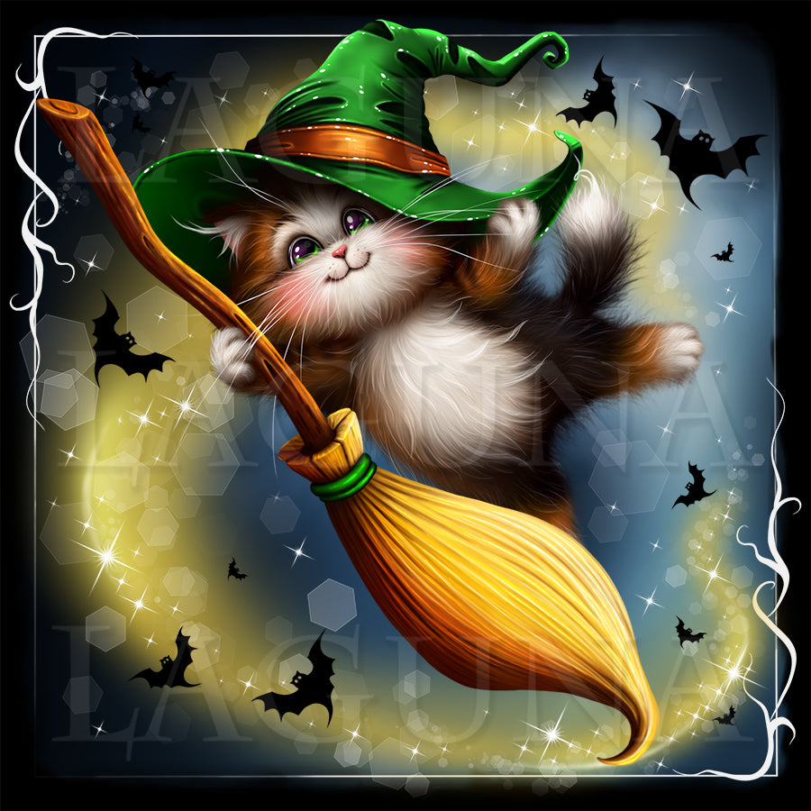 A cute cartoon kitten wearing a green witch hat and holding a broomstick, set against a spooky blue background with bats and star sparkles.