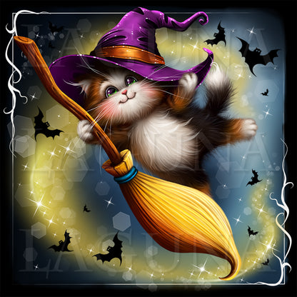 A cute cartoon kitten wearing a purple witch hat and holding a broomstick, set against a spooky night sky with bats and a glowing moon. The artwork has a decorative white border and a dark blue background.