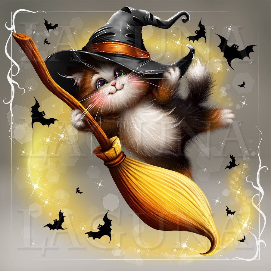 A whimsical illustration of a fluffy kitten wearing a black witch hat and riding a yellow-orange broomstick against a glowing yellow circular backdrop, with small black bats and sparkles around it.