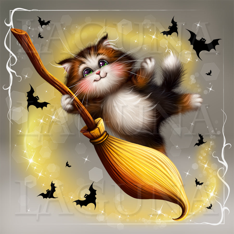 A whimsical Halloween-style illustration of a fluffy calico kitten riding a golden-yellow broomstick against a glowing yellow and gray background with black bats and white sparkles.