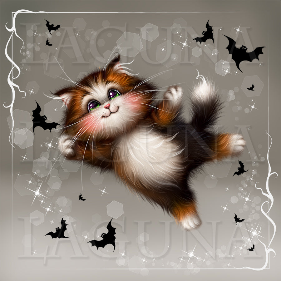 A whimsical Halloween-style illustration of a fluffy kitten floating through a gray background with black bats, white sparkles, and decorative corner flourishes. The kitten is tricolor with white, orange-brown, and black fur.