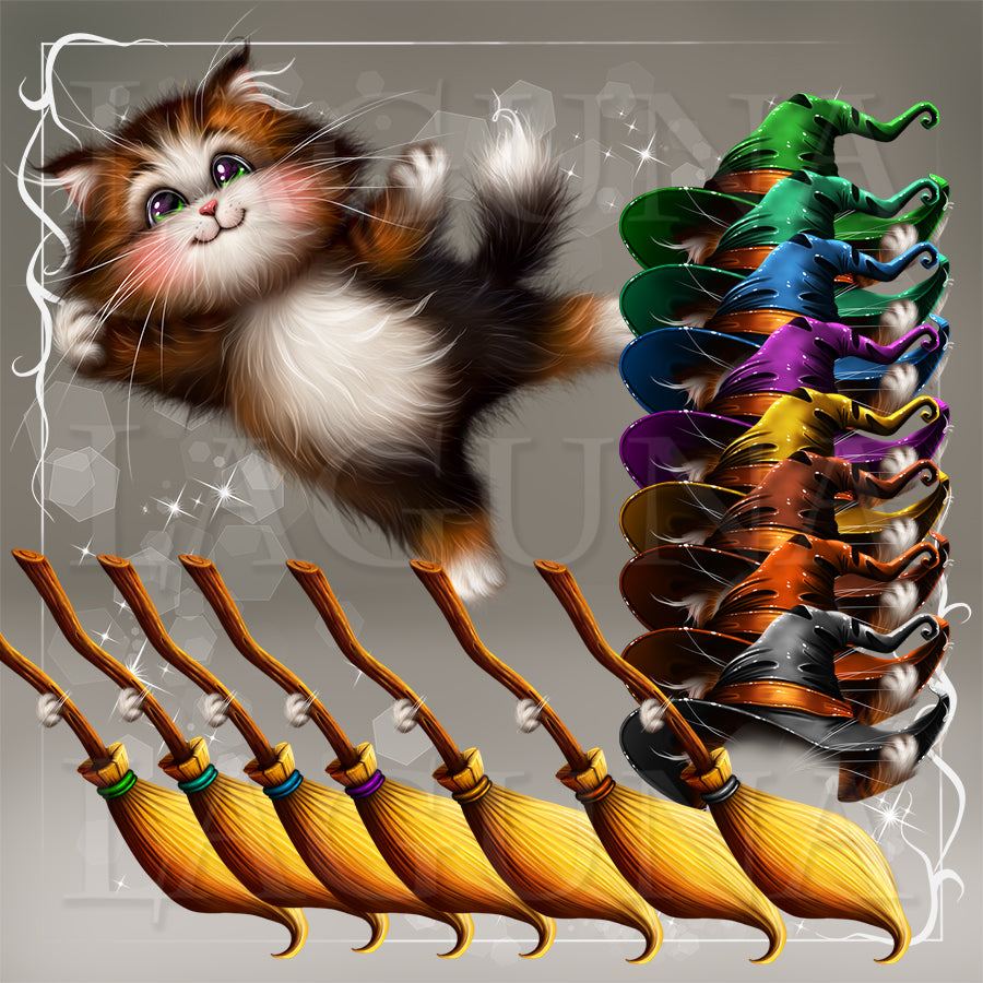 A digital graphic clipart featuring a cute fluffy brown and white kitten floating next to a row of colorful witch hats and broomsticks on a gray background with a decorative white border.