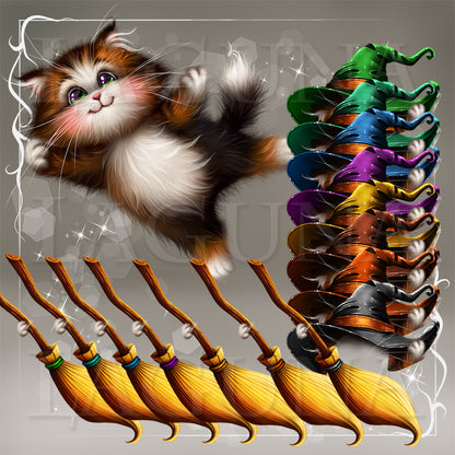 A digital graphic clipart featuring a cute fluffy brown and white kitten floating next to a row of colorful witch hats and broomsticks on a gray background with a decorative white border.