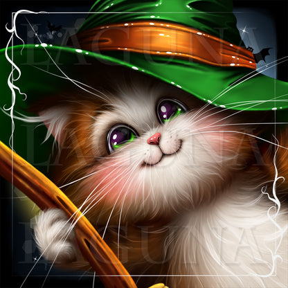 A stylized digital illustration of a fluffy white and brown kitten wearing a bright green witch hat with an orange band, holding a wooden stick, against a dark background with decorative white swirl borders.