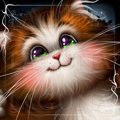 A stylized close-up portrait of a fluffy cat with orange and white fur, large green-purple eyes, pink cheeks, and a small pink nose, framed by decorative white swirls and a dark background with bat silhouettes.