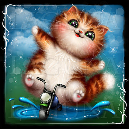 A whimsical cartoon-style illustration of a fluffy orange-and-white kitten sitting on a small blue bike over splashing water, with a blue sky and sparkles in the background and a decorative white border around the artwork.