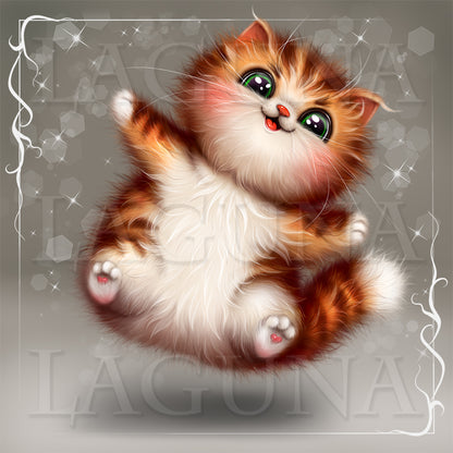 A fluffy ginger kitten is shown floating or posed against a soft gray background with decorative sparkles and a white border. 