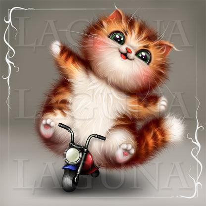 A cute cartoon-style orange-and-white kitten sitting on a small red and black tricycle against a gray background with a decorative white border..