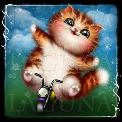 A whimsical illustration of a fluffy orange-and-white kitten riding a small bike against a blue sky with clouds and sparkles, framed by a decorative white border and a dark green base.