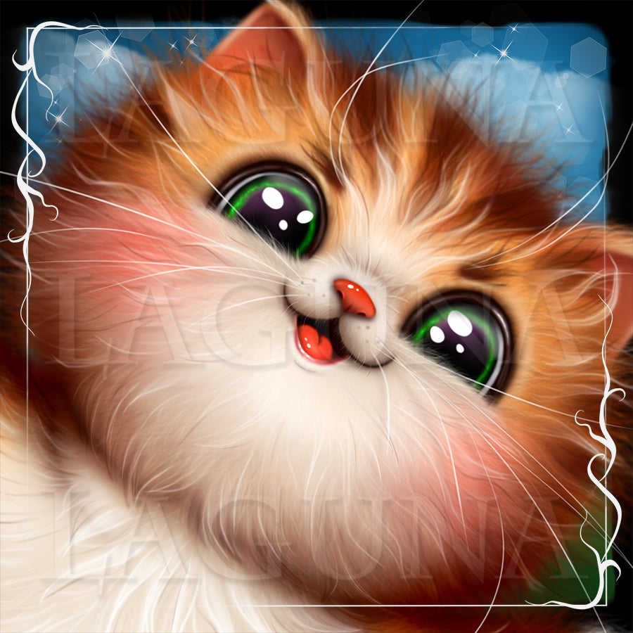 A close-up digital illustration of a fluffy orange-and-white cat with large green eyes, pink cheeks, and a small red nose.