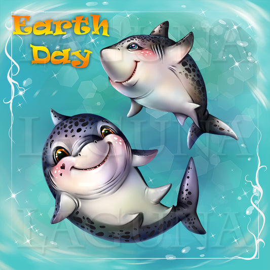 Two cartoon sharks with a 'Earth Day' text on a blue background