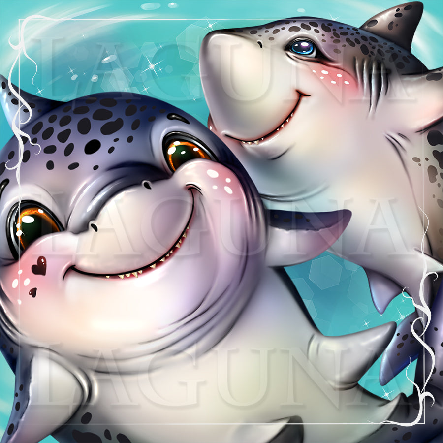 Two smiling cartoon sharks.