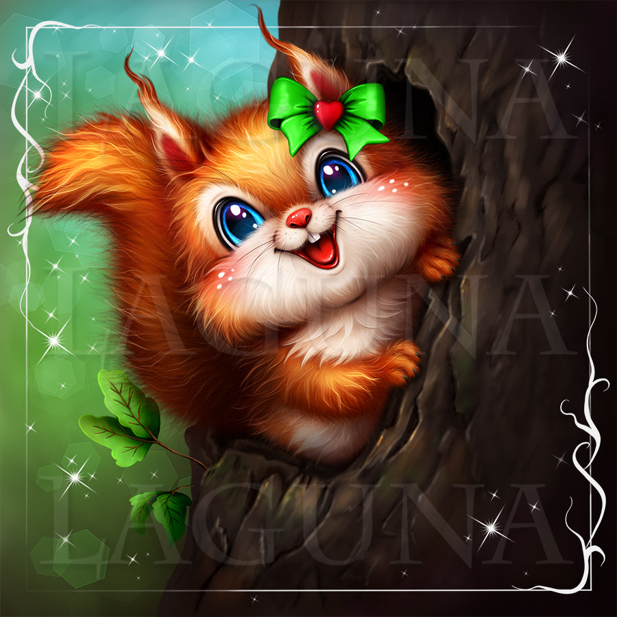 Illustration of a kawaii squirrel with a green bow on a decorative background