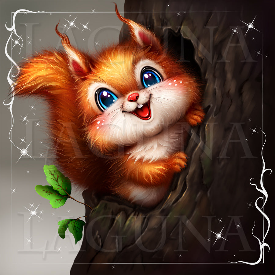 Illustration of a cute red squirrel peeking out from behind a tree branch.