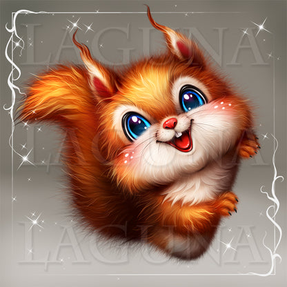 Illustration of a cute, cartoon-like squirrel with blue eyes on a gray background.