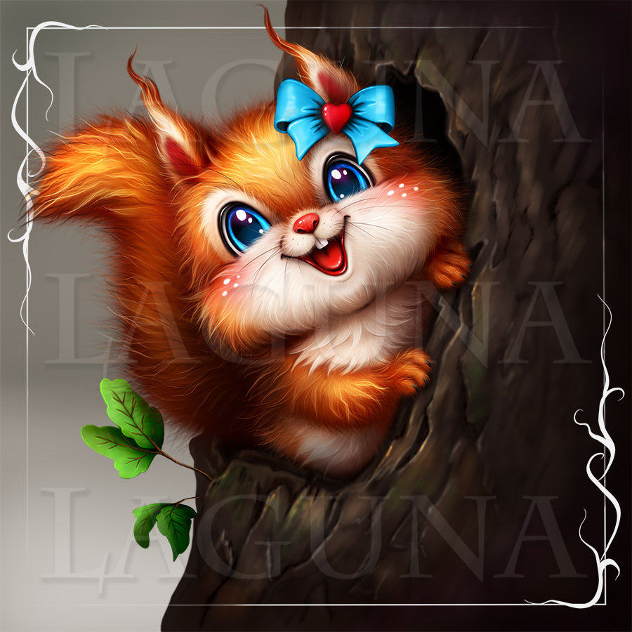 Cartoon squirrel with a blue bow peeking out from behind a tree