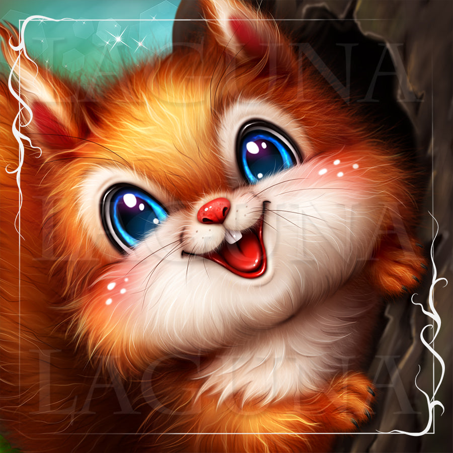 A close up of a kawaii little squirrel peeking out from her cozy tree hollow
