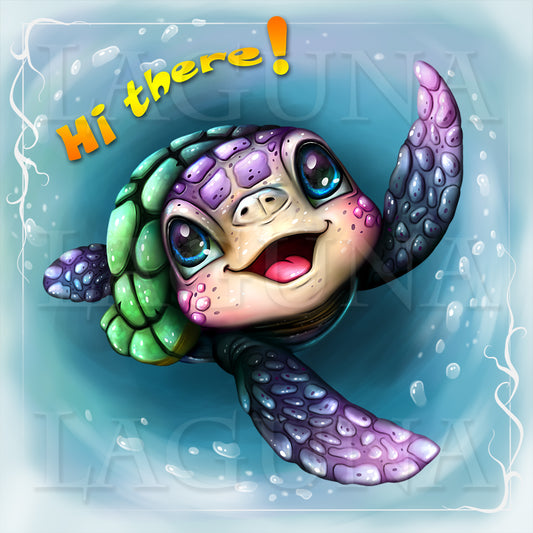 Cartoon turtle with a happy expression and 'Hi there!' text on a blue underwater background.