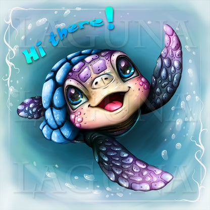 Cartoon turtle with a blue shell on a light blue background
