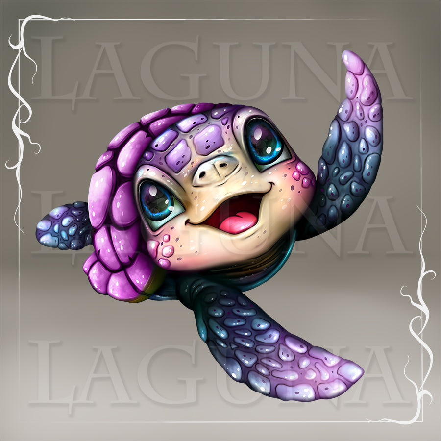 Colorful cartoon turtle with purple shell on a gray background