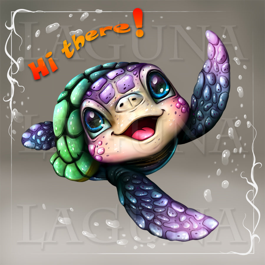 Colorful cartoon turtle with a smiling expression and 'Hi there!' text on a light gray background.