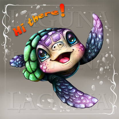 Colorful cartoon turtle with a smiling expression and 'Hi there!' text on a light gray background.