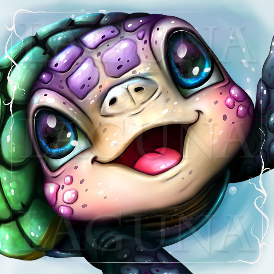 Colorful cartoon turtle with large expressive eyes on a light blue background