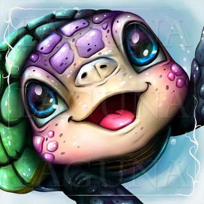 Colorful cartoon turtle with large expressive eyes on a light blue background