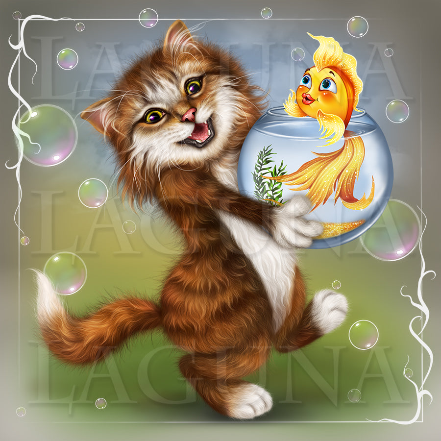 Kitty Carrying Aquarium with Goldfish