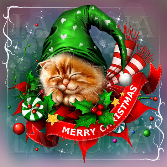 Kitty Sleeping in Christmas Decor