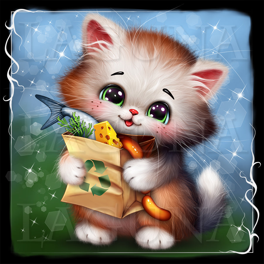 Cartoon cat holding a bag with fish and cheese, surrounded by sparkles on a blue and green gradient background.