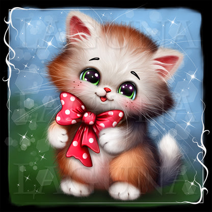 Illustration of a cute kitten with a red bow on a blue and green gradient background