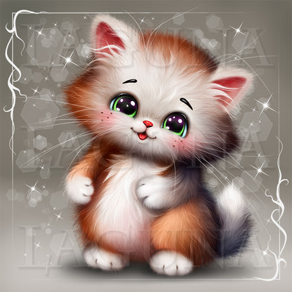 Illustration of a cute kitten with large green eyes on a decorative background