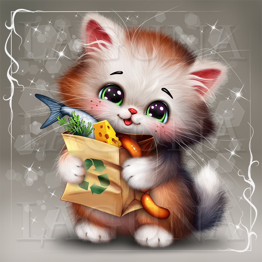 Illustration of a cute kitten holding a bag with food items on a gray background