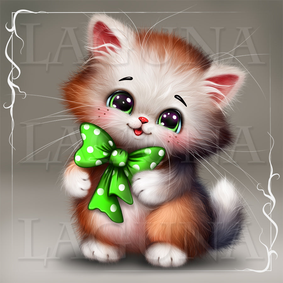 Illustration of a cute kitten with a green bow tie on a gray background