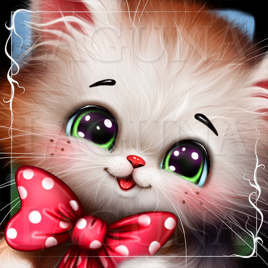 Illustration of a cute kitten with a red bow tie on a dark background