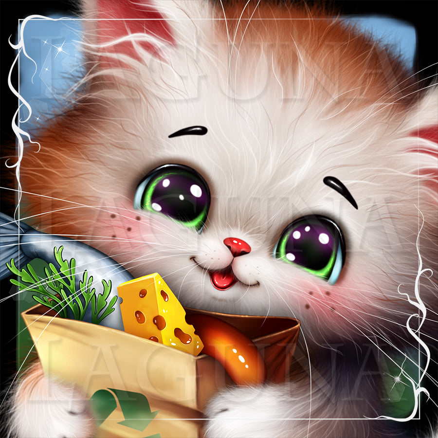 Cartoon cat with green eyes holding a paper bag with  cheese and fish.