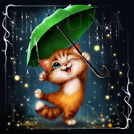 Ginger cartoon kitty with umbrella.