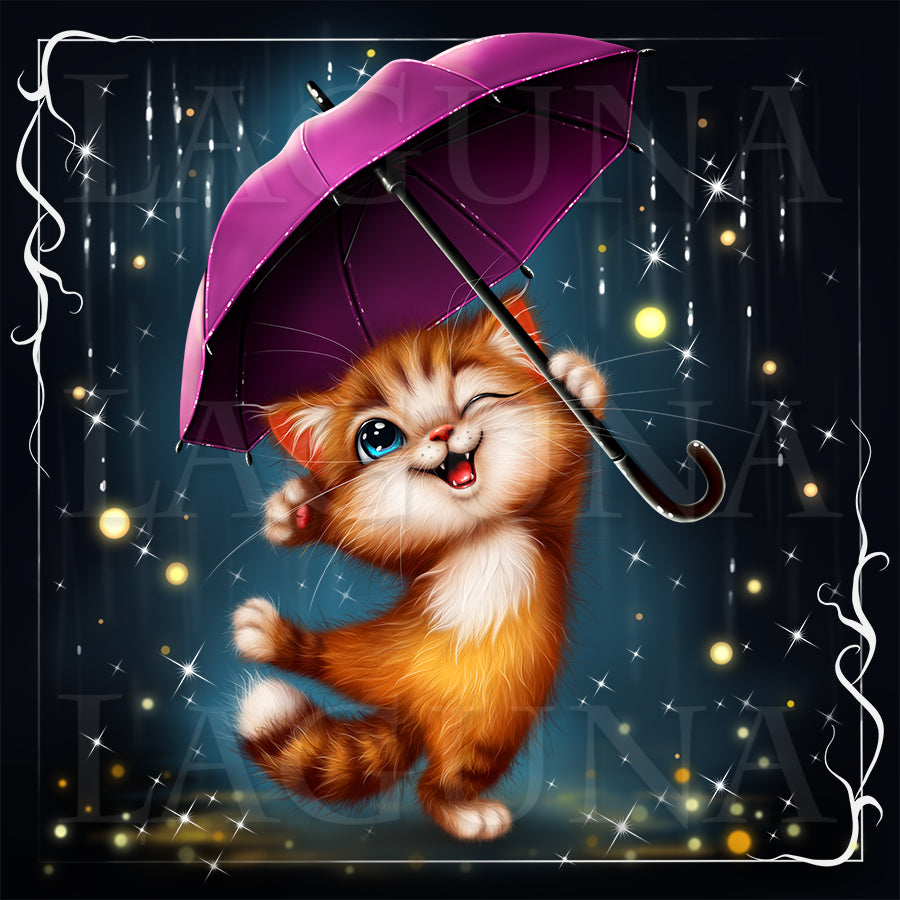 Ginger cartoon kitty with umbrella.